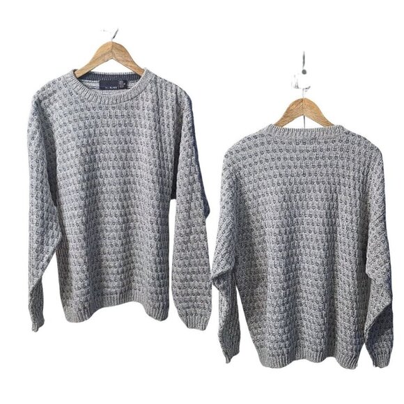 Vintage 80s BILL BLASS Hand Framed Chunky Basketweave Gray Grandpa Sweater Sz XL - Picture 1 of 4